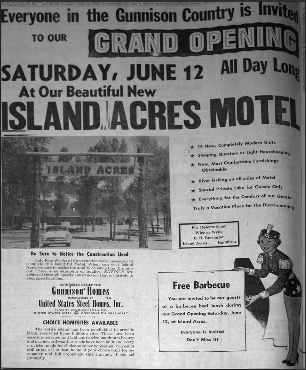 A photo of a full page newspaper add for Island Acres Resort Motel grand opening in 1954.